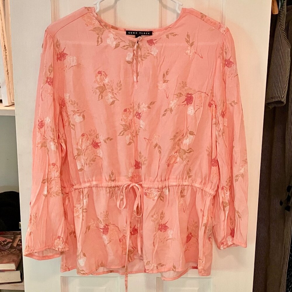 Como Black Peasant Blouse, Size L, Flower Pattern Pink